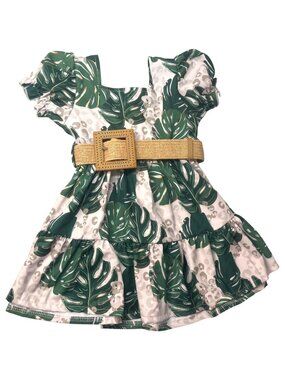 Boutique Tropical Leaf & Leopard Print Dress W Belt & Headband XS Green & Beige